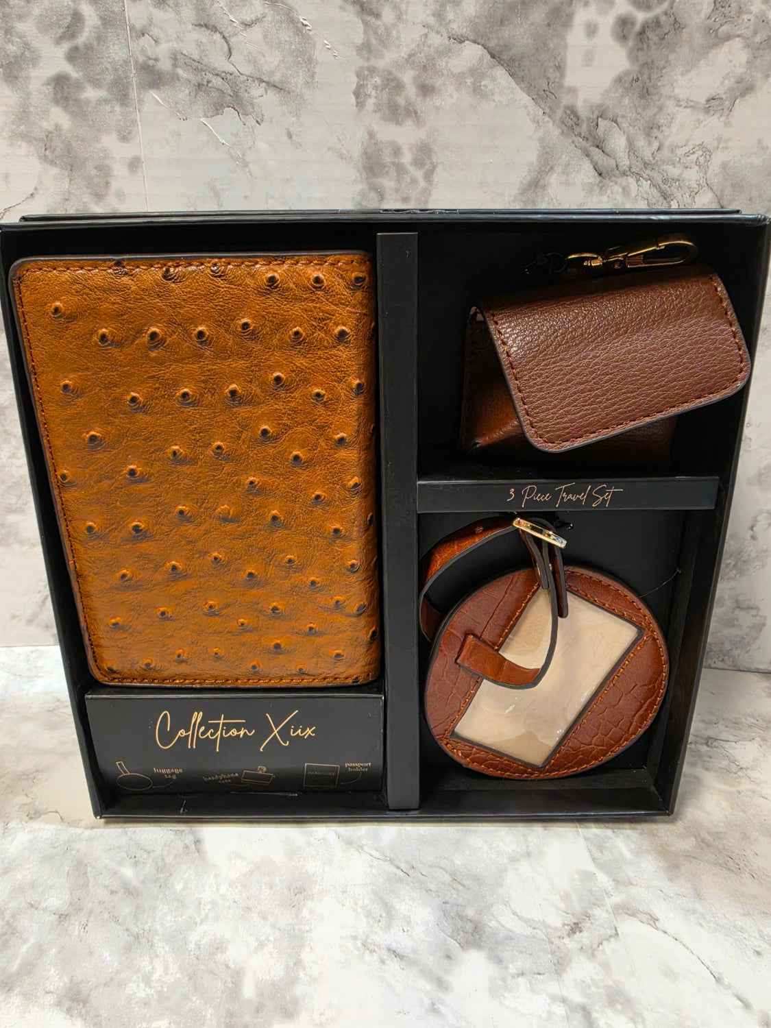 Collection XIIX 3-Piece Travel Gift Set - Brown Ostrich & Croc Print (NIB)