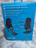 Blue box with black gaming headset on a gray surface