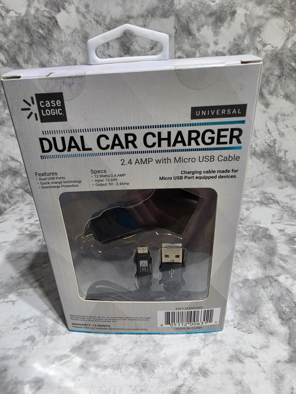 Case Logic dual car charger packaging on a marble surface