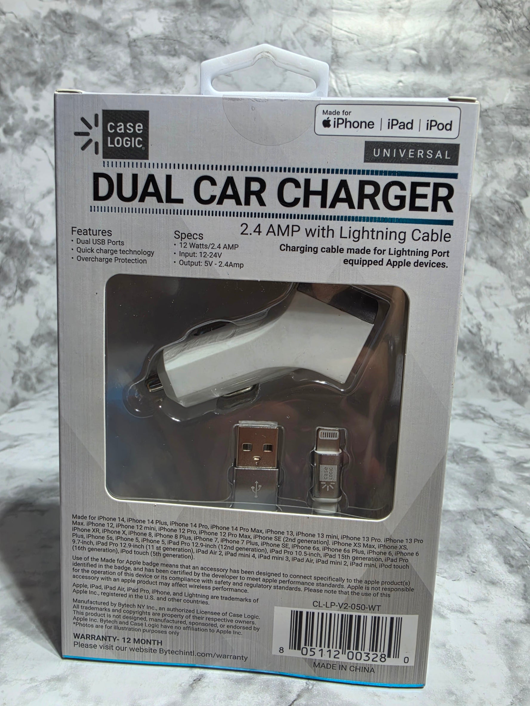 Case Logic Dual USB Car Charger with Lightning Cable — 2.4 Amp, White
