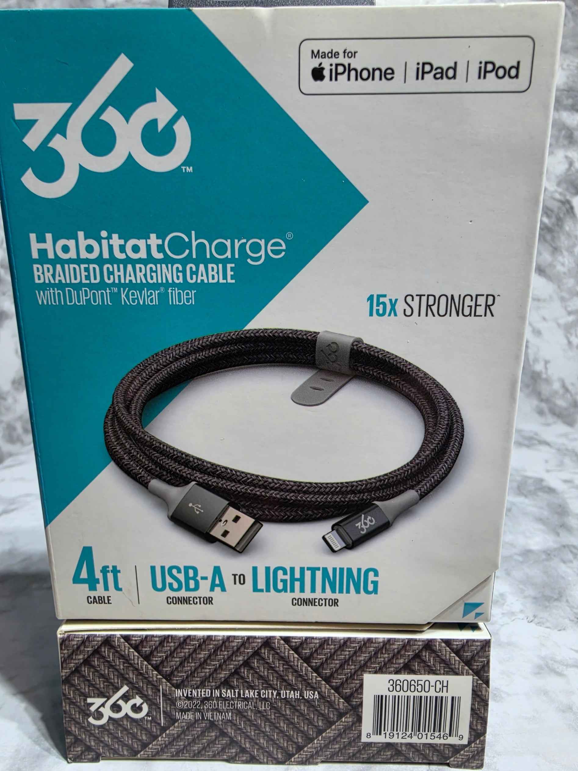 360 Electrical HabitatCharge 4ft USB-A to Lightning Braided Cable — Choose Color