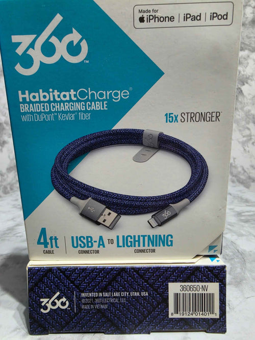 360 Electrical HabitatCharge 4ft USB-A to Lightning Braided Cable — Choose Color