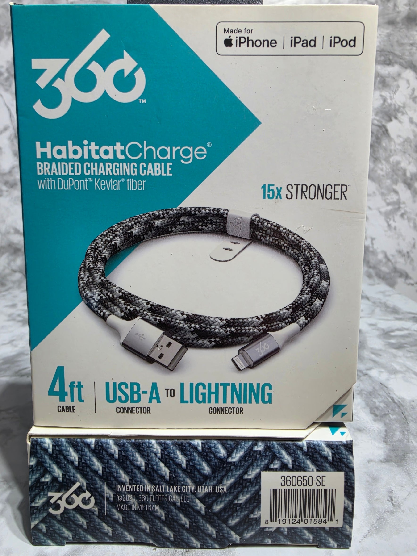 360 Electrical HabitatCharge 4ft USB-A to Lightning Braided Cable — Choose Color