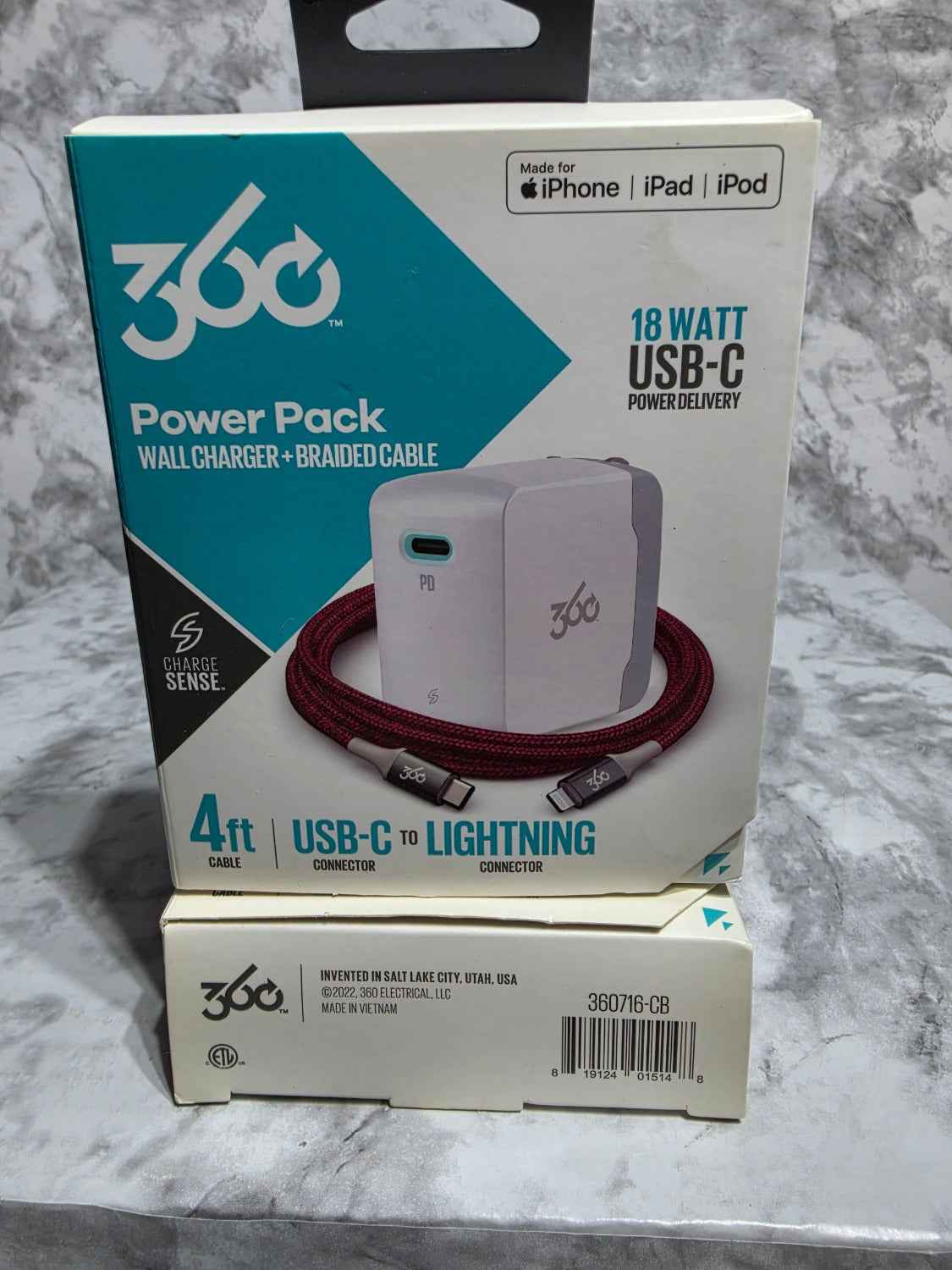 360 Electrical Power Pack 18W USB-C PD Charger & 4ft Lightning Cable — Cranberry