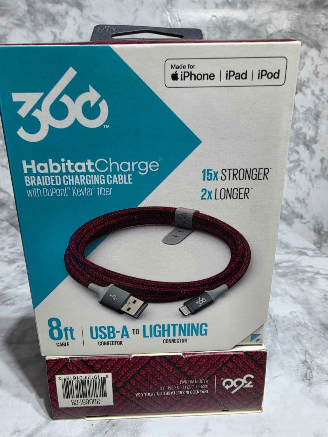 360 Electrical HabitatCharge 8ft USB-A to Lightning Braided Cable — Choose Color