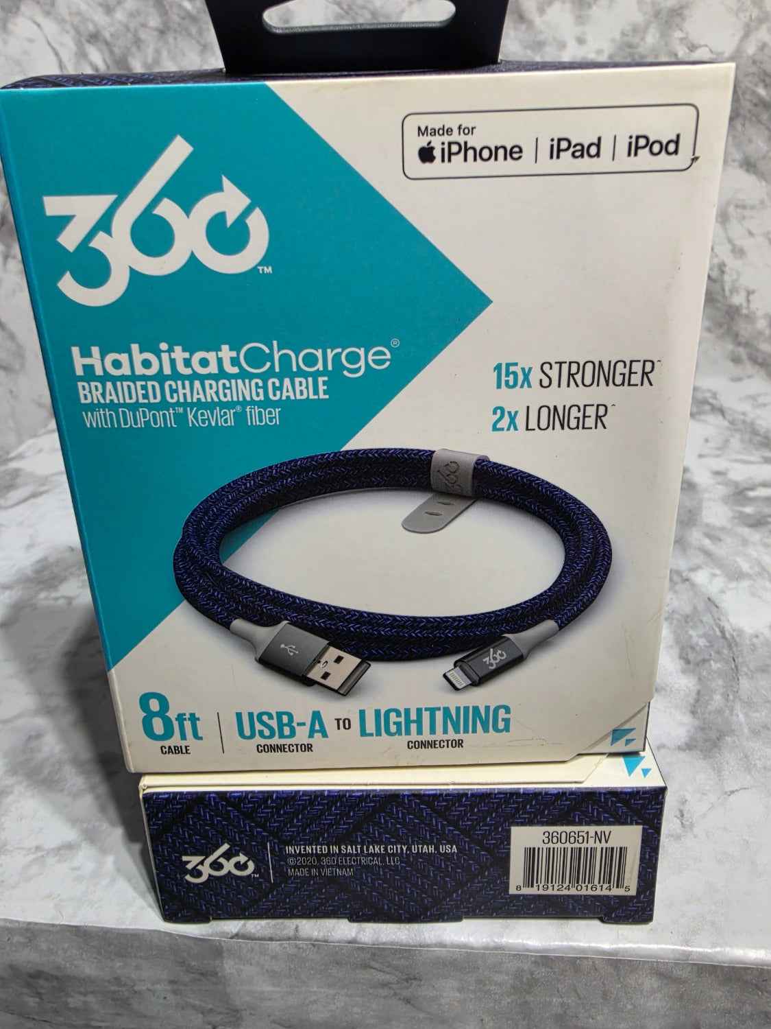 360 Electrical HabitatCharge 8ft USB-A to Lightning Braided Cable — Choose Color