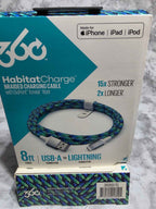 360 Electrical HabitatCharge 8ft USB-A to Lightning Braided Cable — Choose Color