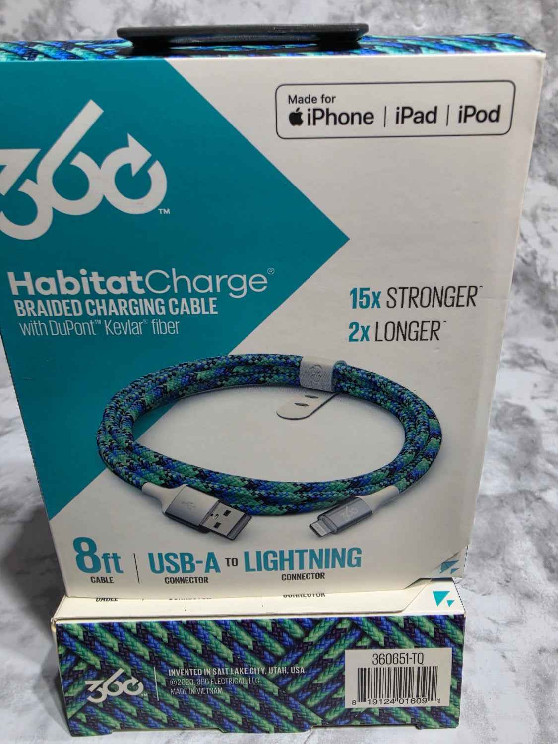 360 Electrical HabitatCharge 8ft USB-A to Lightning Braided Cable — Choose Color