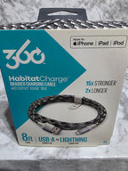 360 Habit Charge branded charging cable packaging on a marble surface
