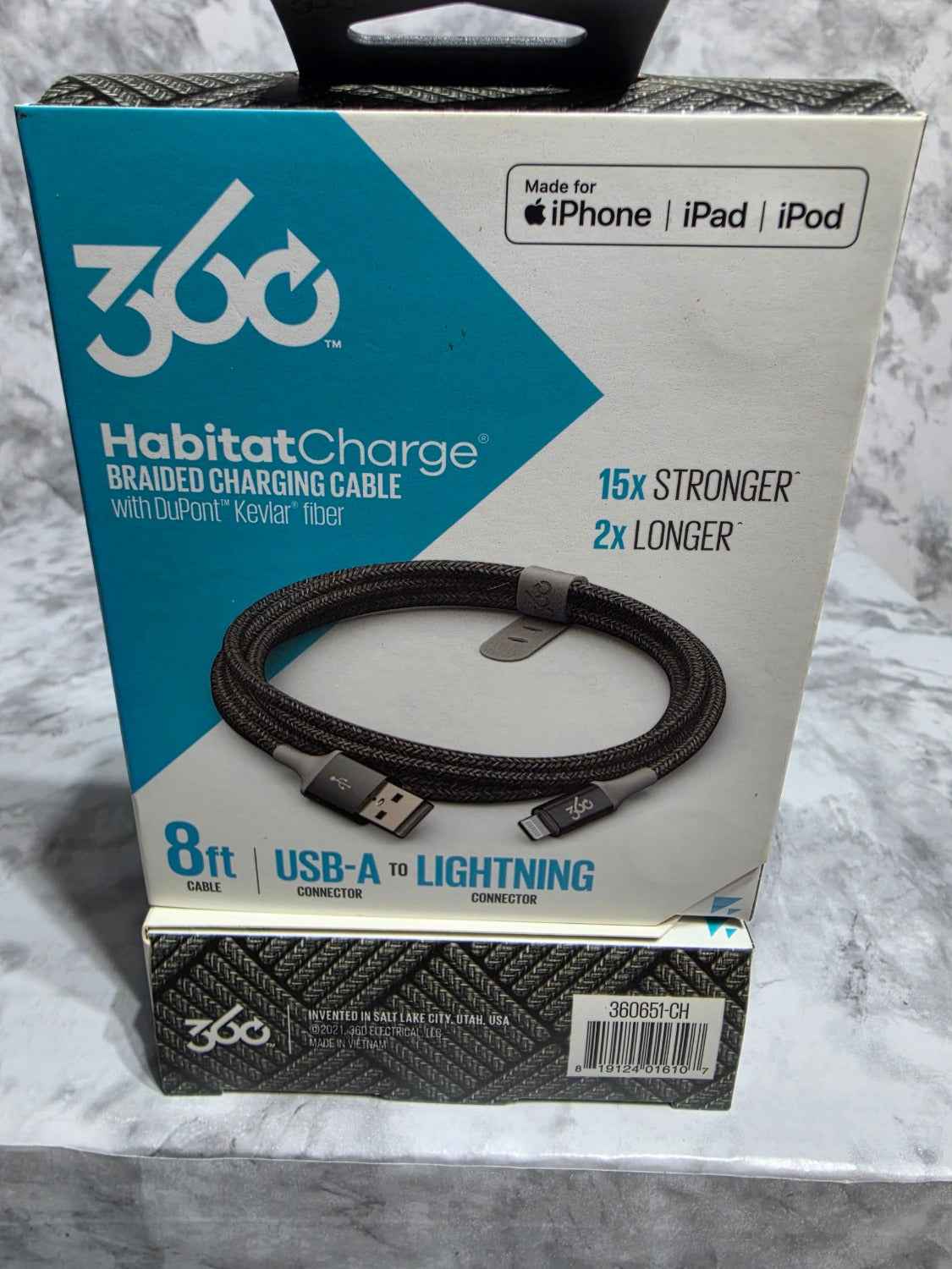 360 Electrical HabitatCharge 8ft USB-A to Lightning Braided Cable — Choose Color