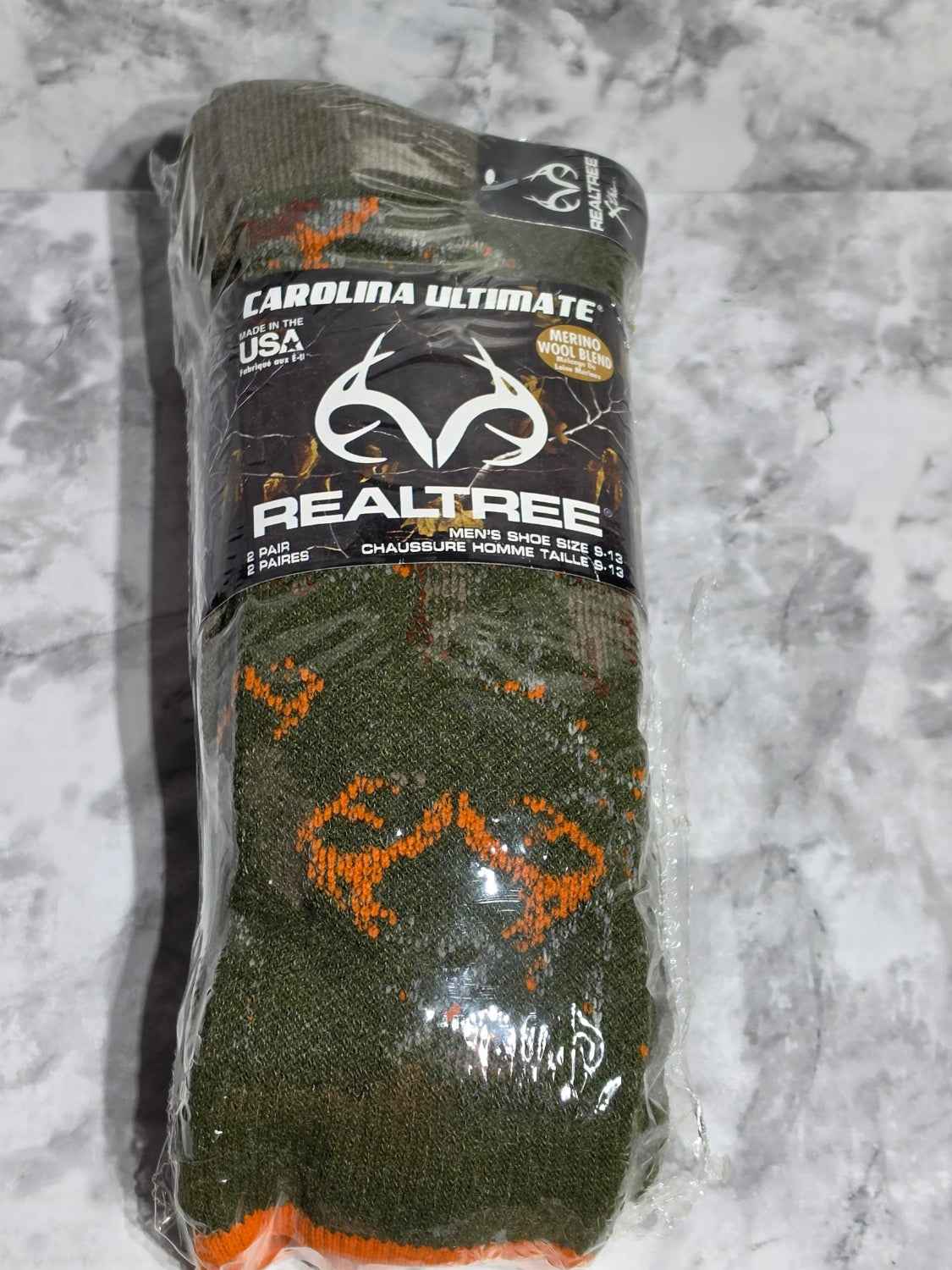 Carolina Ultimate Realtree Men's Merino Wool Blend Socks - 2-Pack, Size 9-13 (New)