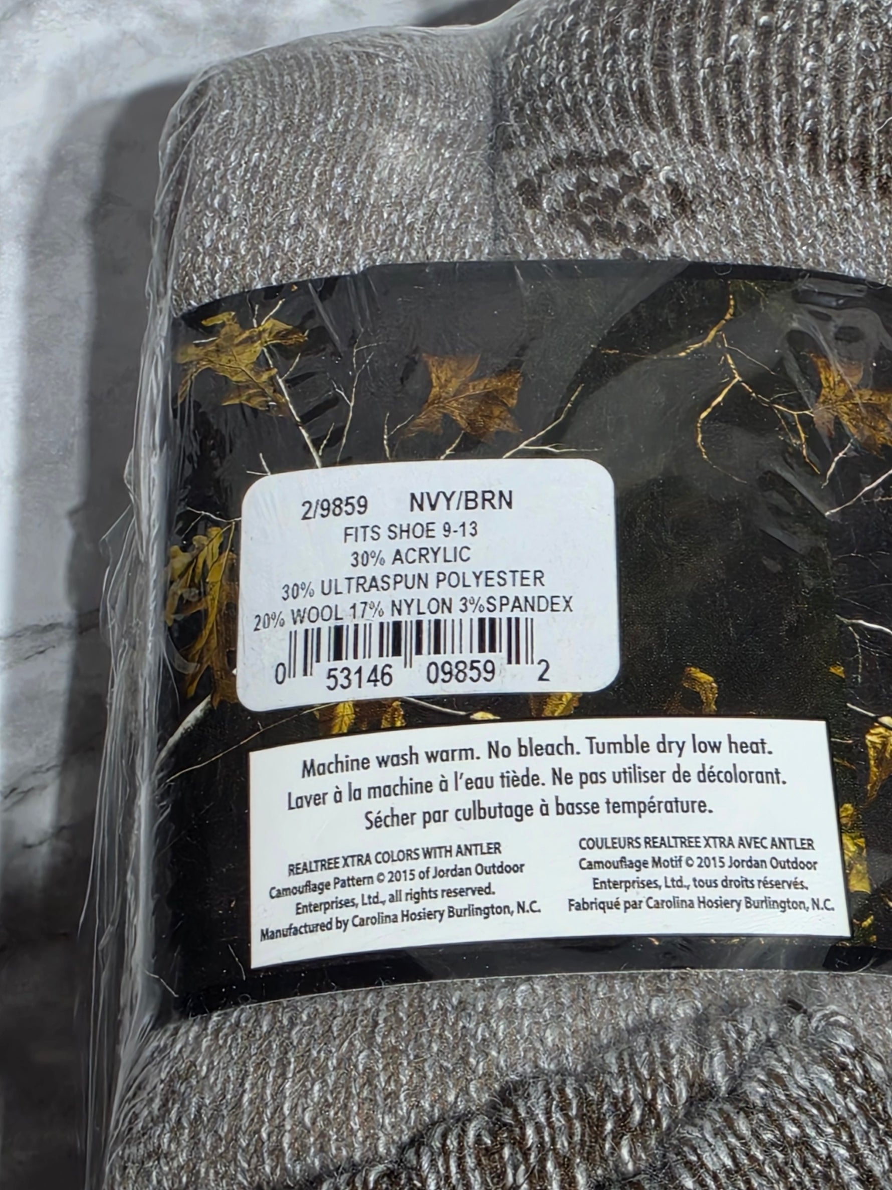 Carolina Ultimate Realtree Men's Wool Blend Socks - 2-Pack, Navy/Brown, Size 9-13 (New)