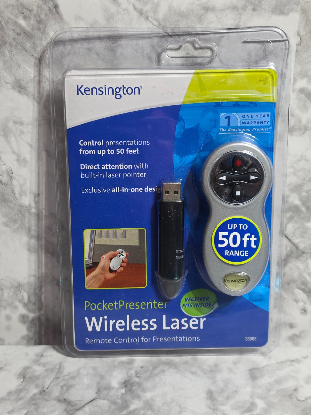 Kensington PocketPresenter Wireless Laser presenter packaging on a marble surface