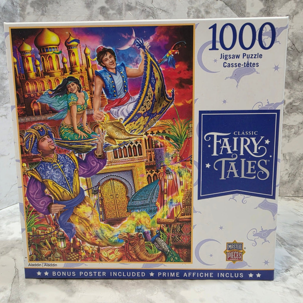 1000 piece jigsaw puzzle box featuring 'Classic Fairy Tales' theme with colorful illustration on a marble surface.
