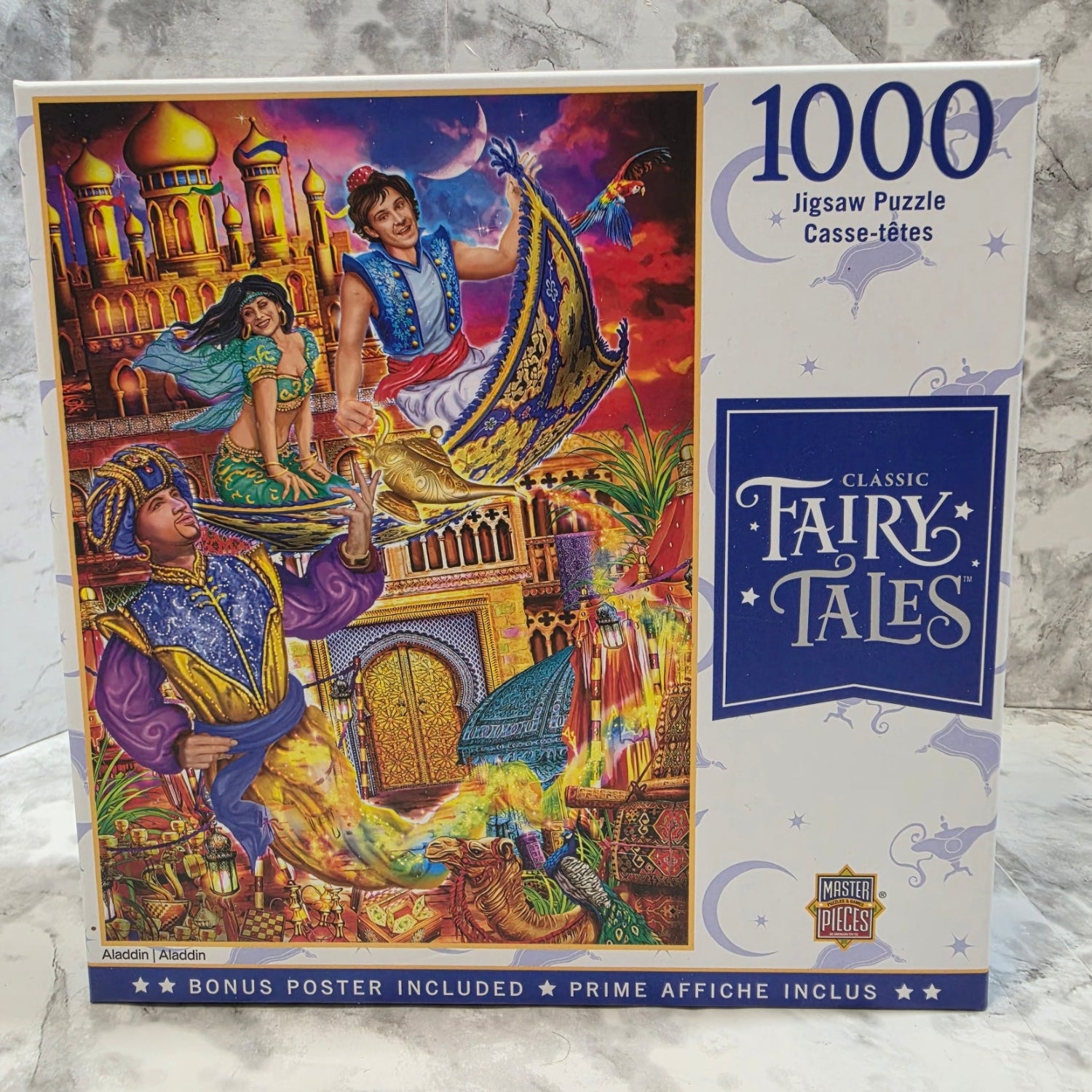 1000 piece jigsaw puzzle box featuring 'Classic Fairy Tales' theme with colorful illustration on a marble surface.