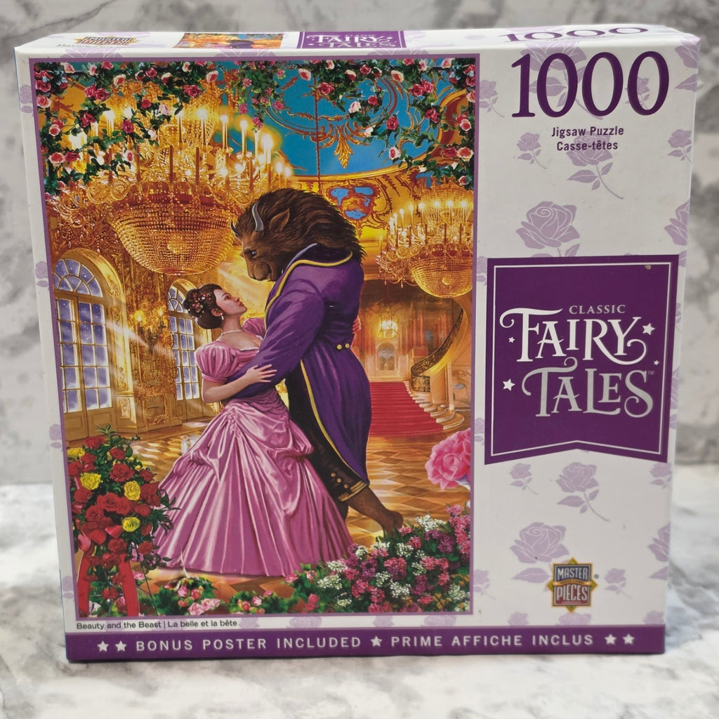 Jigsaw puzzle box titled 'Classic Fairy Tales' with a romantic scene on the cover.