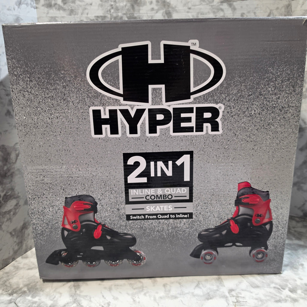 Box for Hyper inline skates with 2-in-1 quad and skate combo on a gray surface.