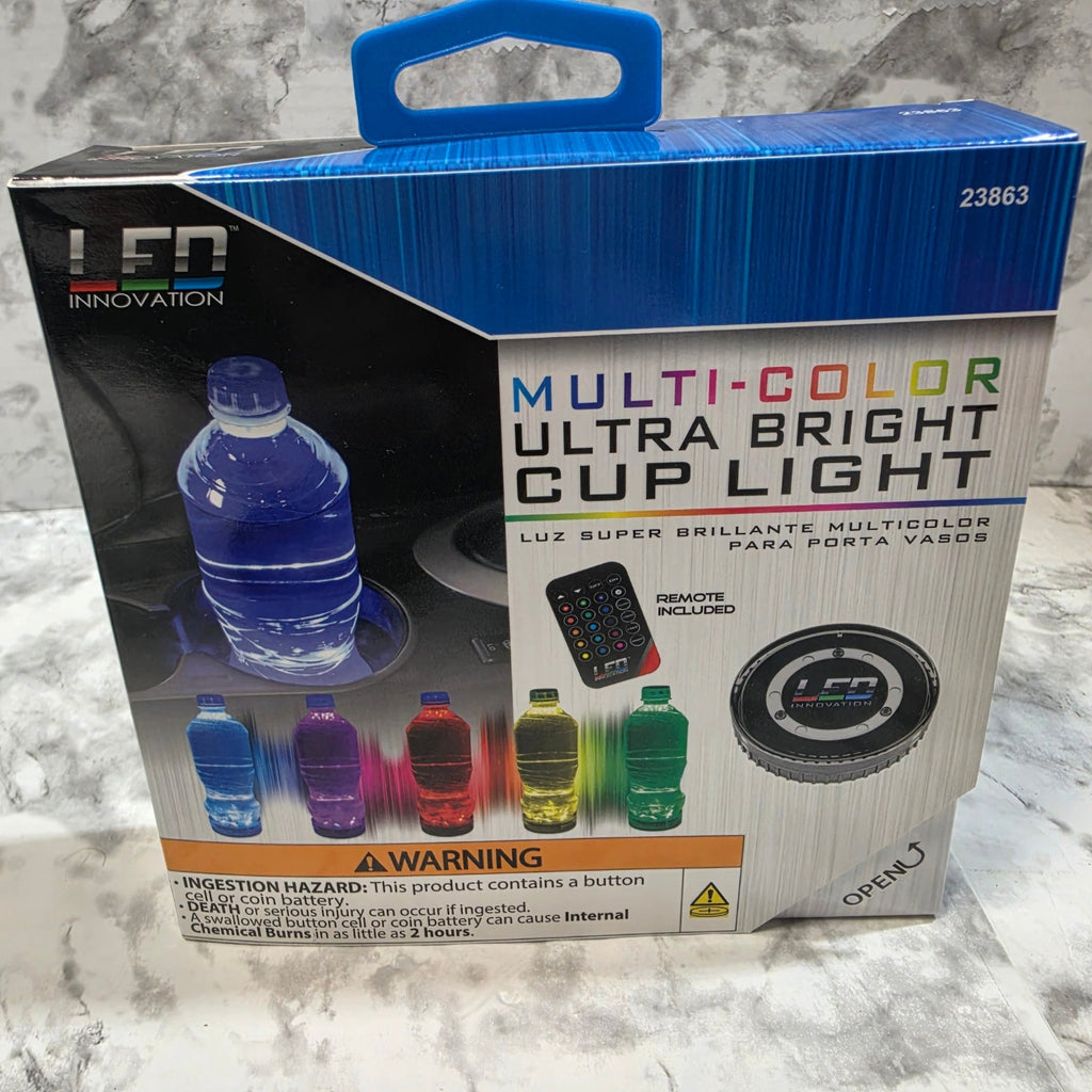 Box of a multi-color ultra-bright cup light on a marble surface