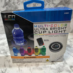 Box of a multi-color ultra-bright cup light on a marble surface