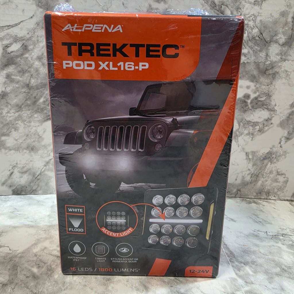 Alpena TrekTec LED pod packaging on a marble surface