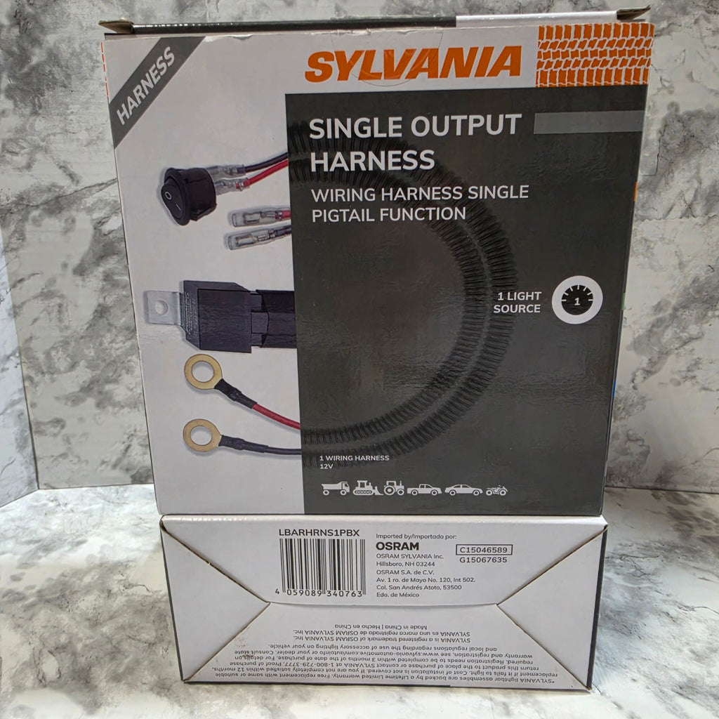 Sylvania harness packaging on a marble surface