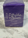 Purple perfume box labeled 'Double Nature' by AFRA on a marble surface