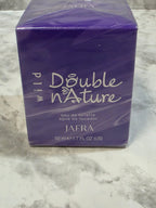 Purple perfume box labeled 'Double Nature' by AFRA on a marble surface