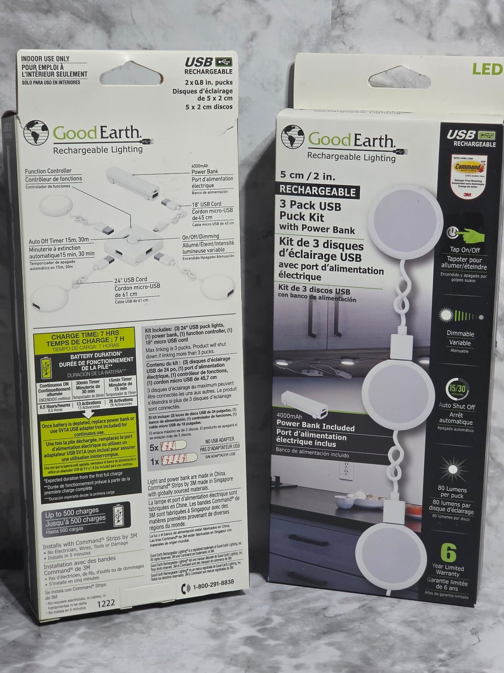 Good Earth LED USB packaging on a gray surface