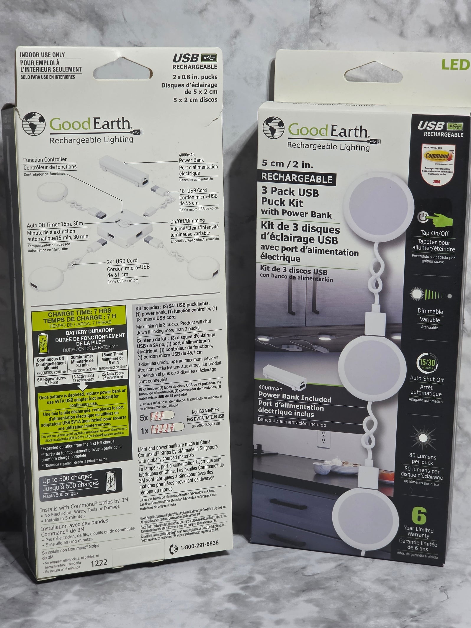Good Earth LED USB packaging on a gray surface