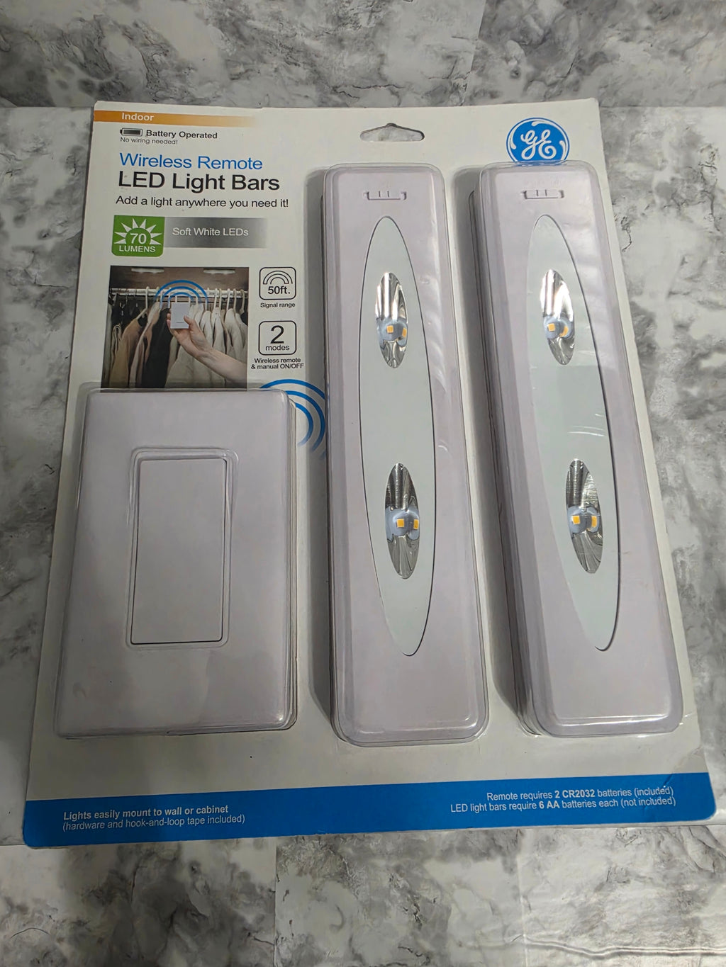 GE LED light bar packaging on a marble surface
