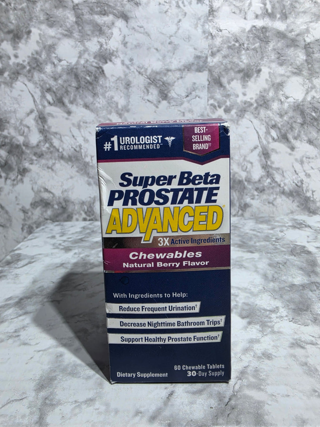 Box of Super Beta Prostate Advanced on a marble surface
