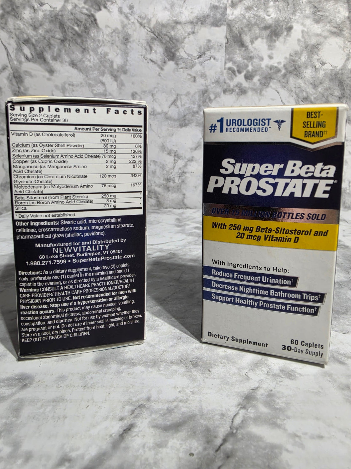 Supplement box labeled 'Super Beta Prostate' on a marble surface