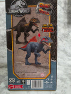 Jurassic World dinosaur toy packaging with two dinosaurs on a gray marble surface