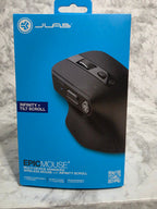 Blue packaging of a black mouse with visible branding on a marble surface