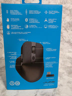 Blue packaging of a black computer mouse on a gray surface
