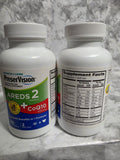 Actual product photograph of two PreserVision AREDS 2 + CoQ10 inventory bottles showing front and rear labels; this listing includes one 80-softgel bottle.