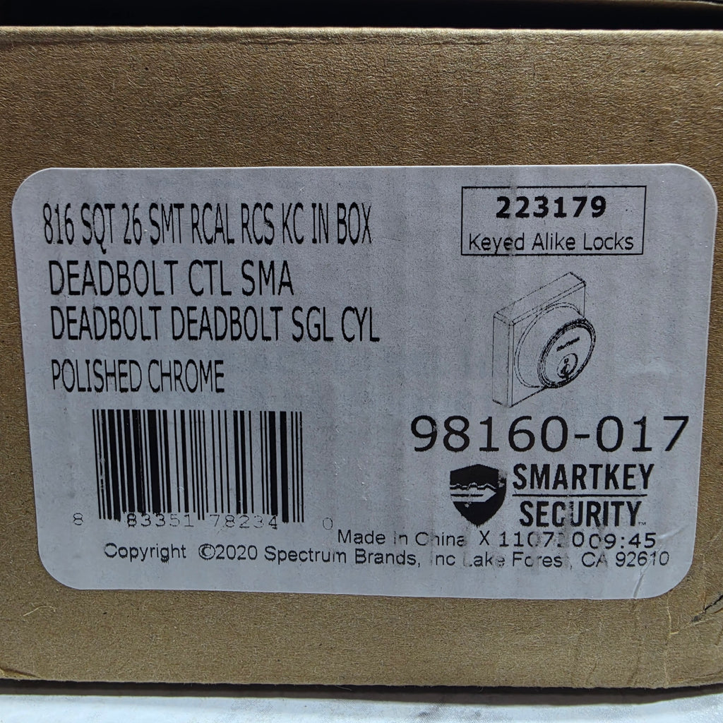 Kwikset 816 SQT 98160-017 Polished Chrome SmartKey Deadbolt – original box label showing UPC 883351782340 and model details