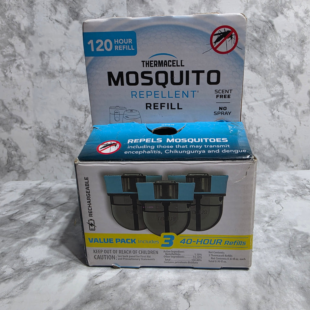 Thermacell ER340 Rechargeable Mosquito Repeller Refills 120 Hour 3-Pack – original box showing UPC 843654006703 and active ingredient details