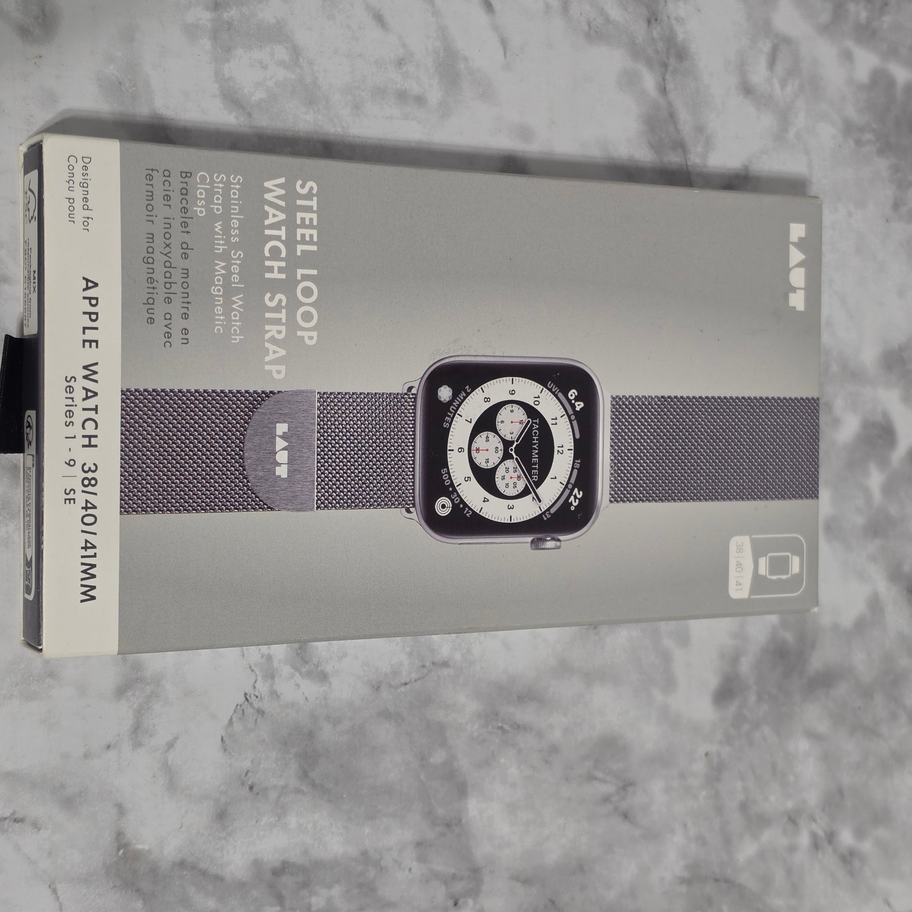LAUT Steel Loop Watch Strap for Apple Watch 38/40/41mm Silver – real product box photo