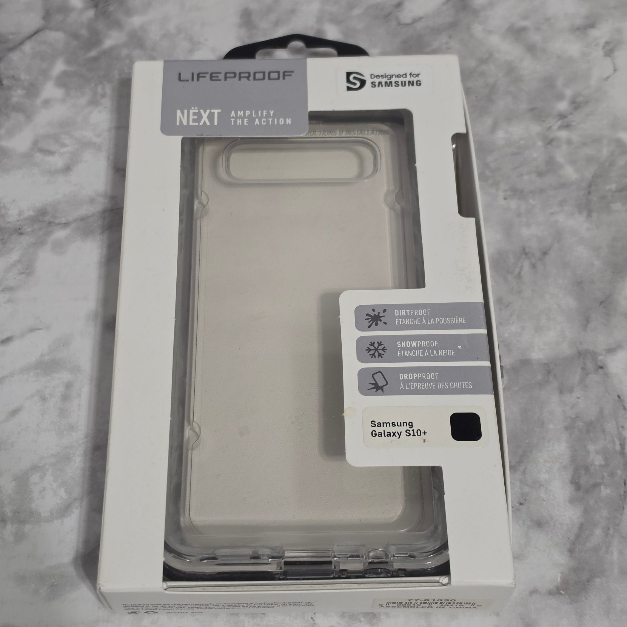 LifeProof NEXT Series Case for Samsung Galaxy S10+ – real product retail packaging showing dirt-proof snow-proof drop-proof icons