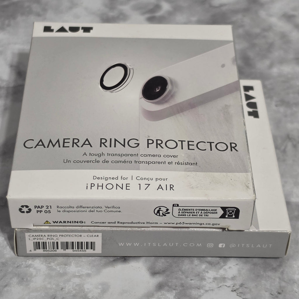 LAUT Camera Ring Protector for iPhone 17 Air – real product retail packaging showing clear transparent lens cover