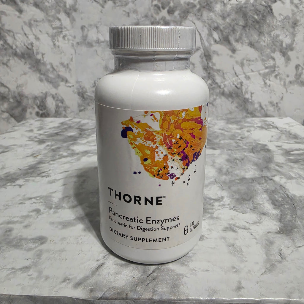 Thorne Pancreatic Enzymes 180 Capsules – real product bottle photo showing Thorne branding and Pancreatin for Digestion Support label