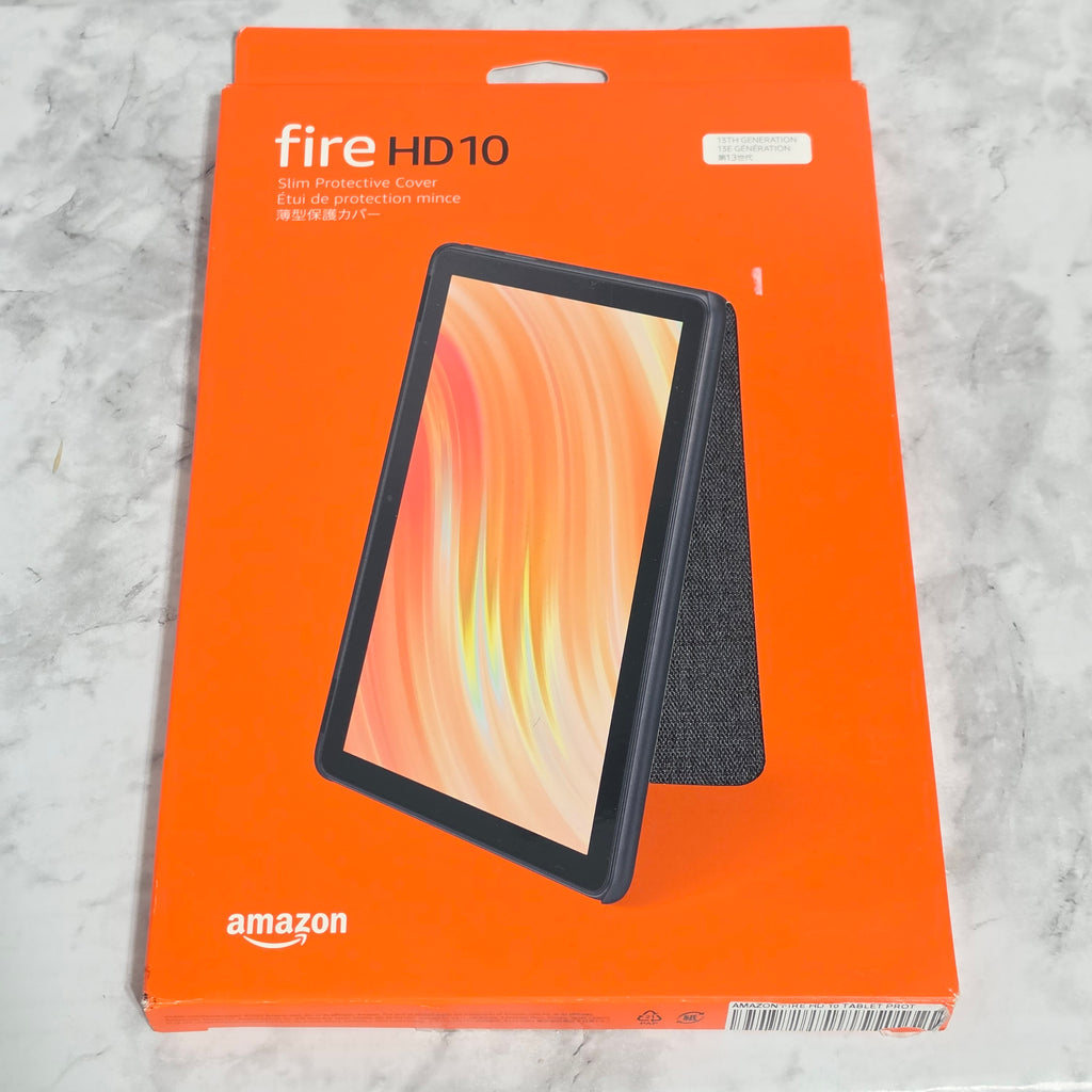 Amazon Slim Protective Cover for Fire HD 10 13th Generation – real product retail packaging showing orange Amazon box and slim cover design