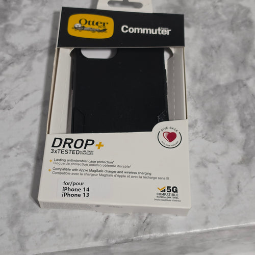 OtterBox Commuter Series case for iPhone 14 and iPhone 13 – black – new in original retail box showing DROP+ military standard, MagSafe compatibility, and antimicrobial protection