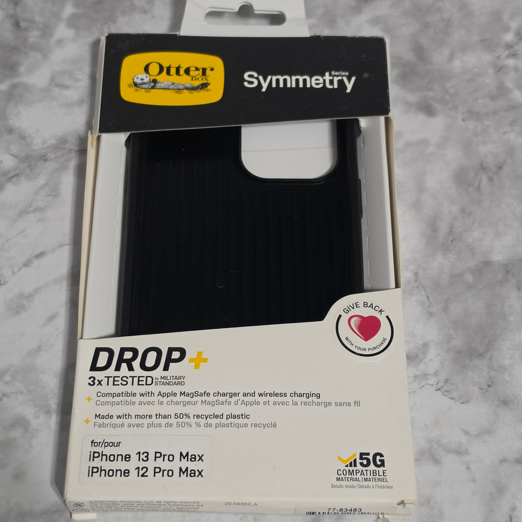 OtterBox Symmetry Series case for iPhone 13 Pro Max and iPhone 12 Pro Max – black – new in original retail box showing DROP+ military standard and MagSafe compatibility