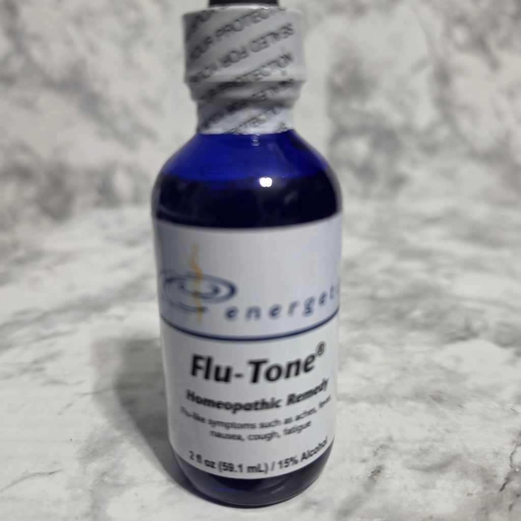 Energetix Flu-Tone Homeopathic Remedy 2 oz blue glass dropper bottle - real product photo