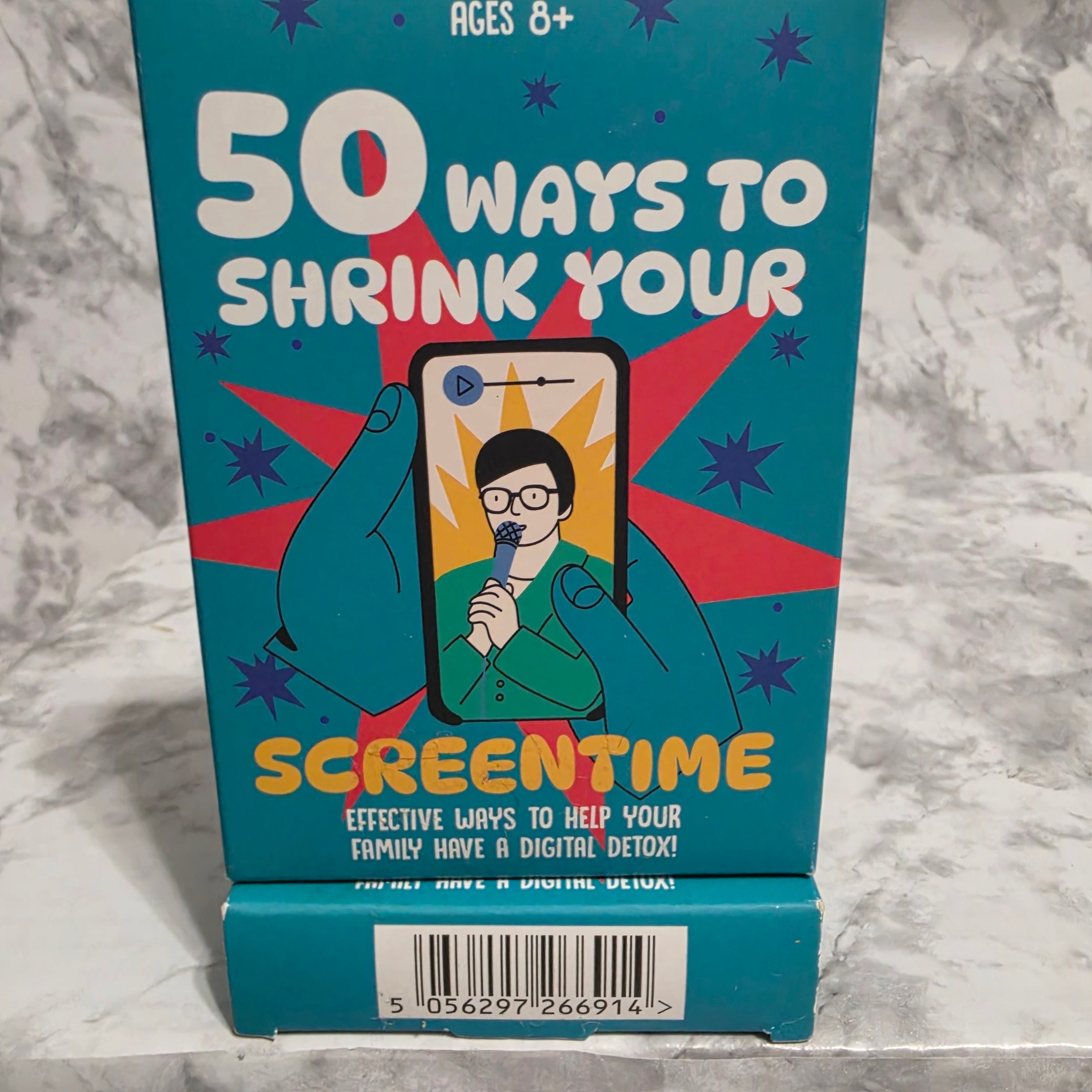 Professor Puzzle 50 Ways to Shrink Your Screentime Card Game - front of teal box