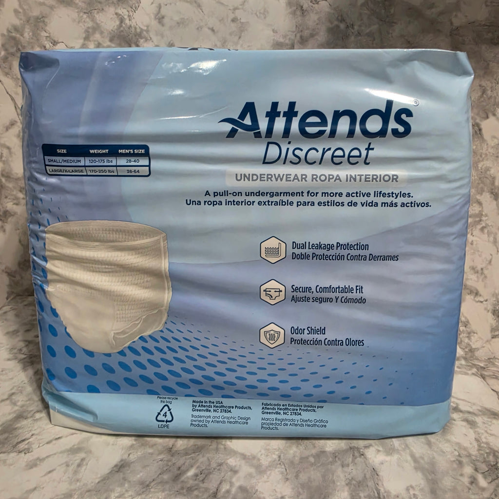 Attends Discreet Men's Underwear L/XL 18 Count - sealed original package back panel