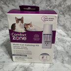 Comfort Zone Multi-Cat Calming Kit Opticalm Diffuser box showing two cats, drug free label, and contents including 1 diffuser and 1 pheromone refill