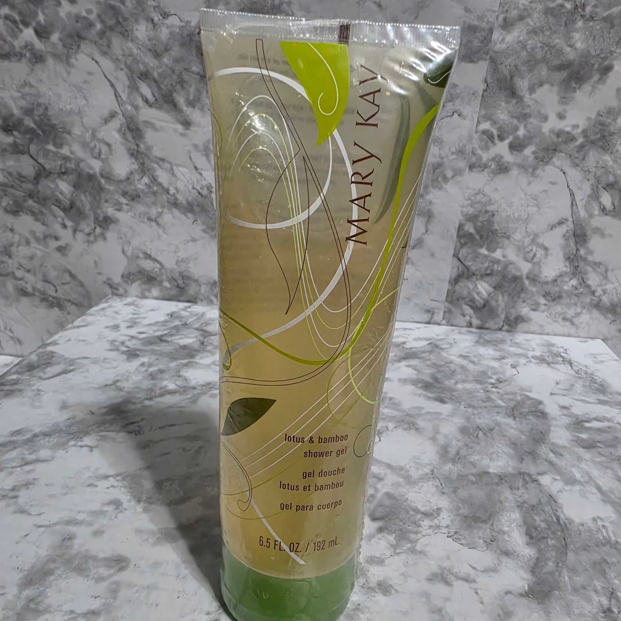 Mary Kay Lotus and Bamboo Shower Gel 6.5 fl oz factory sealed in original plastic wrap on marble surface